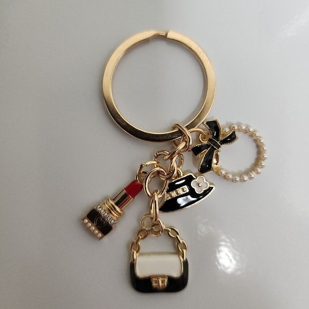 Chic Gold Fashion Charm Keychain Lipstick Purse Bow Pearls - Picture 2 of 5